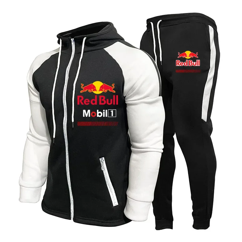 

Мужской гоночный костюм Red Bull, быстросохнущая удобная куртка с капюшоном большого размера, спортивные штаны для фитнеса, комплект из двух предметов для тренировок