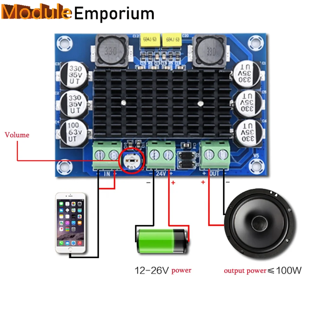 XH-M542 TPA3116D2 Board DC 12-26V 100W TPA3116DA Mono Channel Digital Power Audio Amplifier