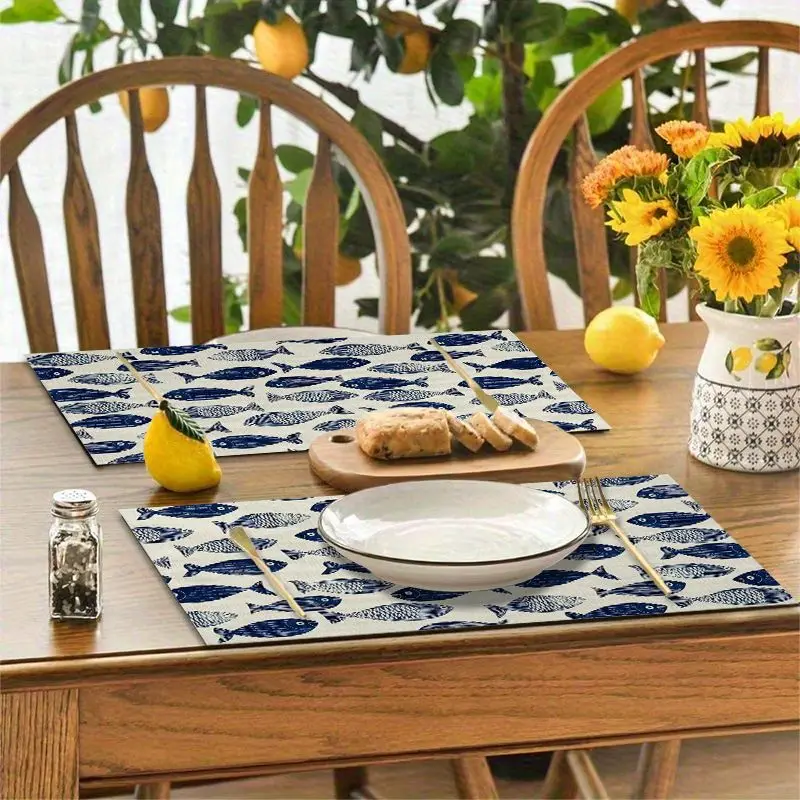 4Pcs, Blue and White Fish-Shaped Placemats, Washable, Suitable for Holiday Parties, Home Decor, Kitchen Tables, Rectangular Dining Rooms, Making Your Dining Room and Kitchen More Beautiful, a Birthday Gift and Housewarming Party Gift for Family and Friends