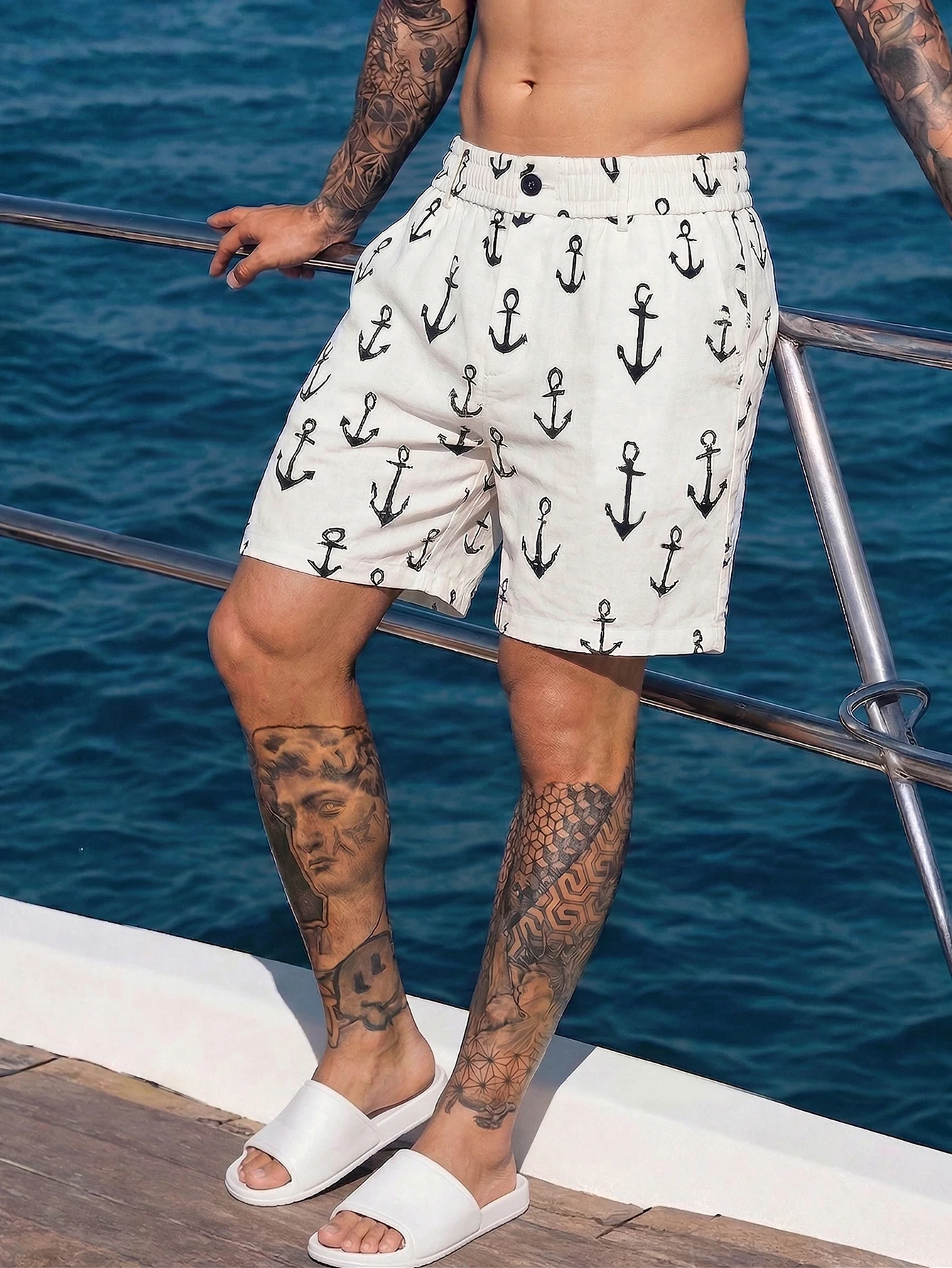 

Men's Casual Slant Pocket Shorts，Personalized buttons, elastic waistband, dual-purpose，anchor print Summer Basic Men Shorts