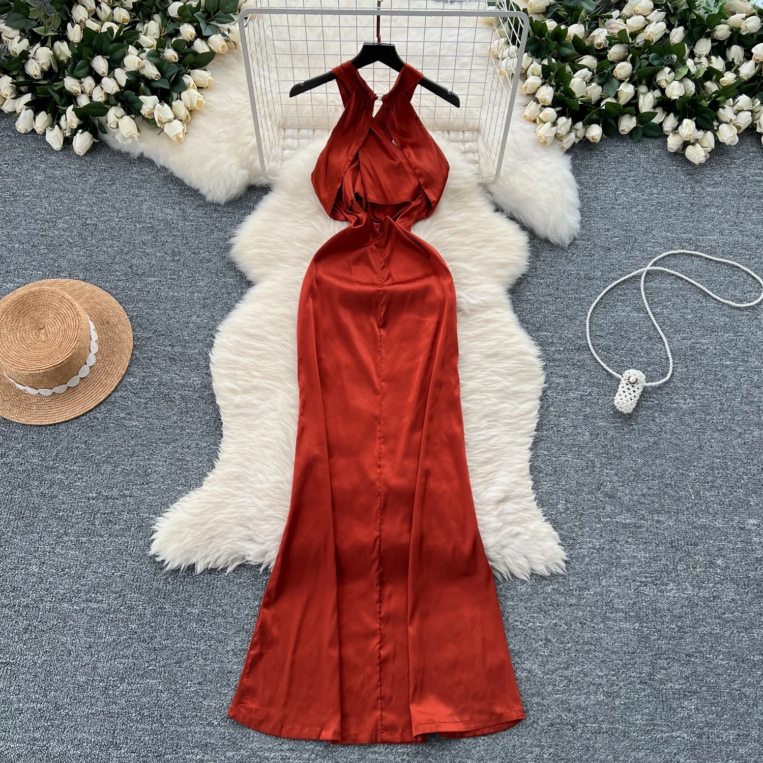 Sexy Halter Backless Pleated Dress Chic Vintage Fashion Evening Women Summer Slim Sweet Pencil Dresses