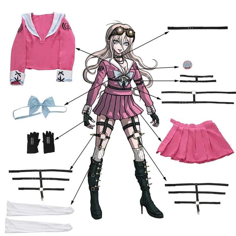 ROLECOS Game Danganronpa Miu Iruma Cosplay Costume Women Pink School Uniform Halloween Top Skirt Bow Full Set