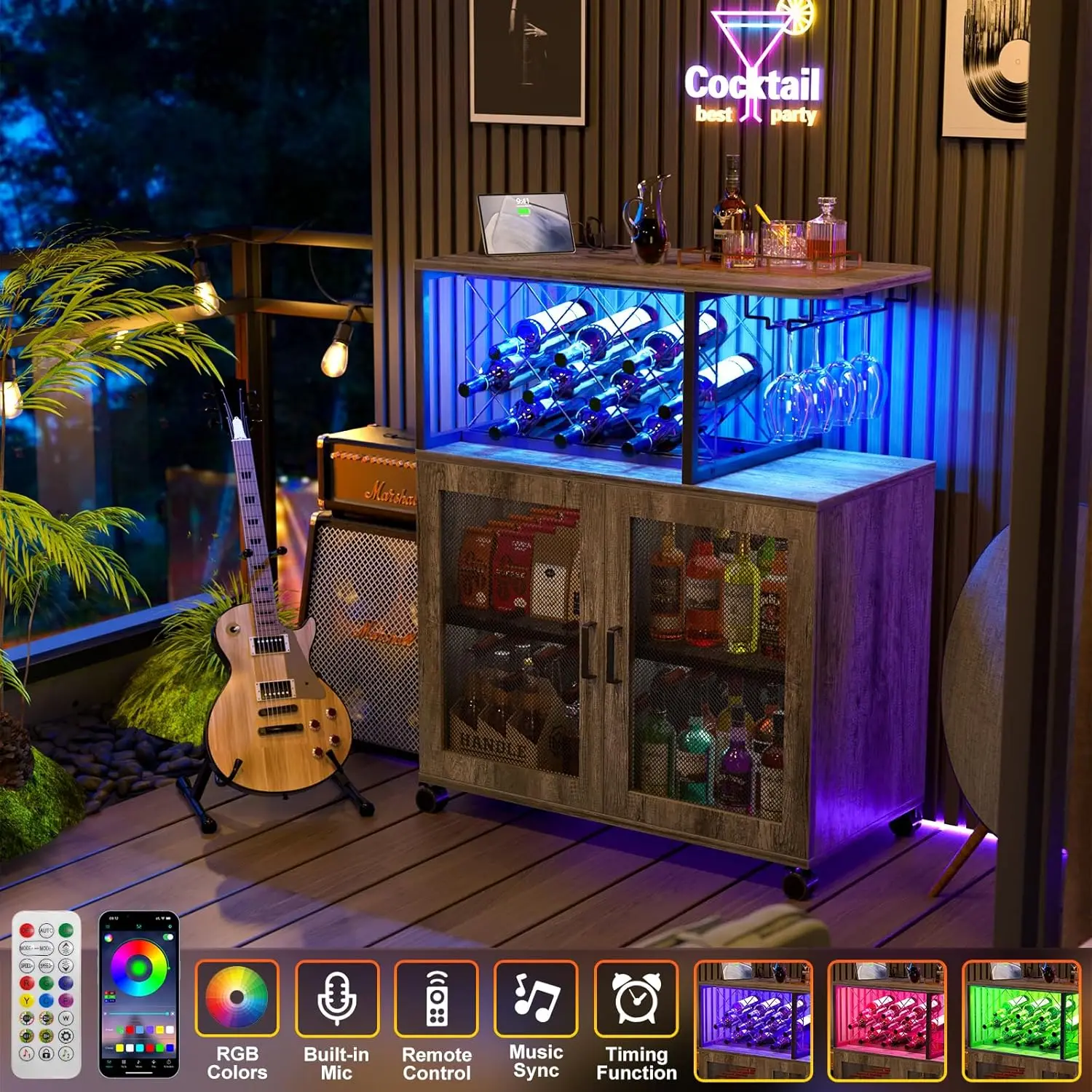 Pequeno carrinho de bar com rodas, Armário de bebidas com luz LED, Wine Bar Cabinet com Power Outlets, Mini Bar Home com Wine Rack