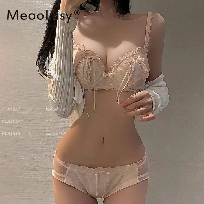 MeooLiisy Floral Embroidery Lingerie Set Sweet Push Up Bra Set Lace No Wire Underwear and Panty Briefs Set