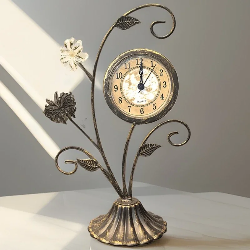Creative Flower Table Clock Retro Living Room Silent Desk Clock Tabletop Decorative Ornament Nightstand Decoration Accessories