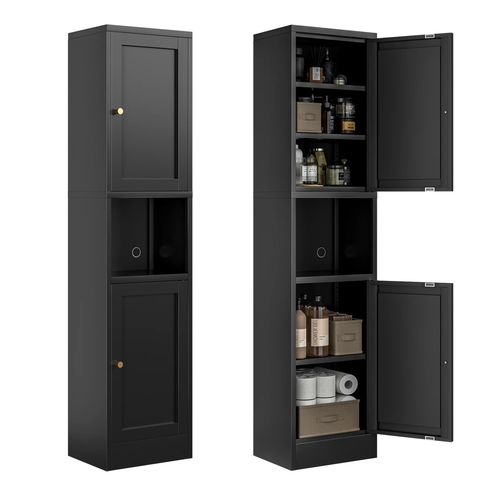 

Tall Bathroom Storage Cabinet,Slim Floor Metal Cabinet, Freestanding Narrow Sideboard Organizers for Small Spaces,Black