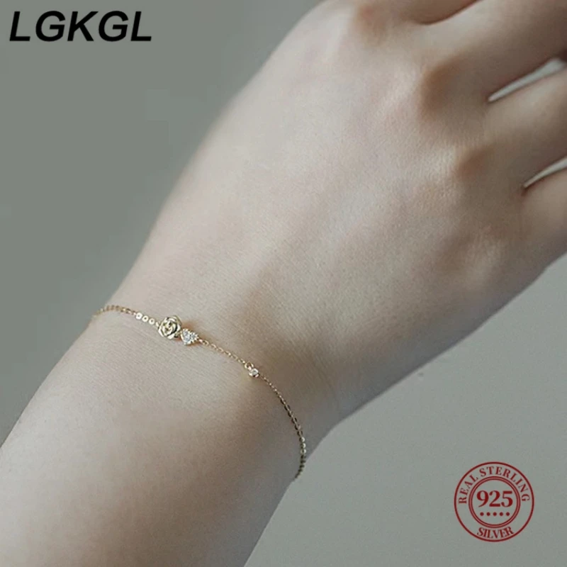 LGKGL-pulsera de plata de ley 925 con flor de circonita hueca coreana, brazalete de oro de 14K, joyería de temperamento, regalo para mujer