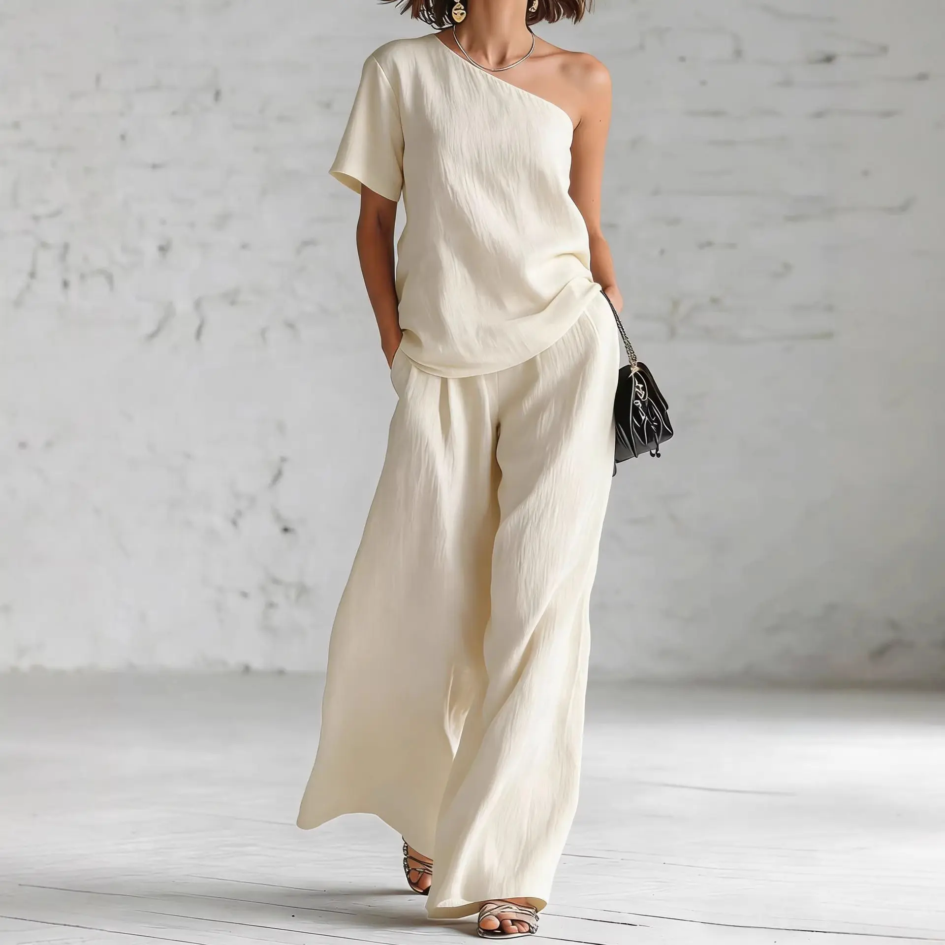 

Women's Faux Linen Elegant 2 Piece Outfit One Shoulder Short Sleeve Casual Top With High Waist Wide Leg Pants Daily Vacation Set