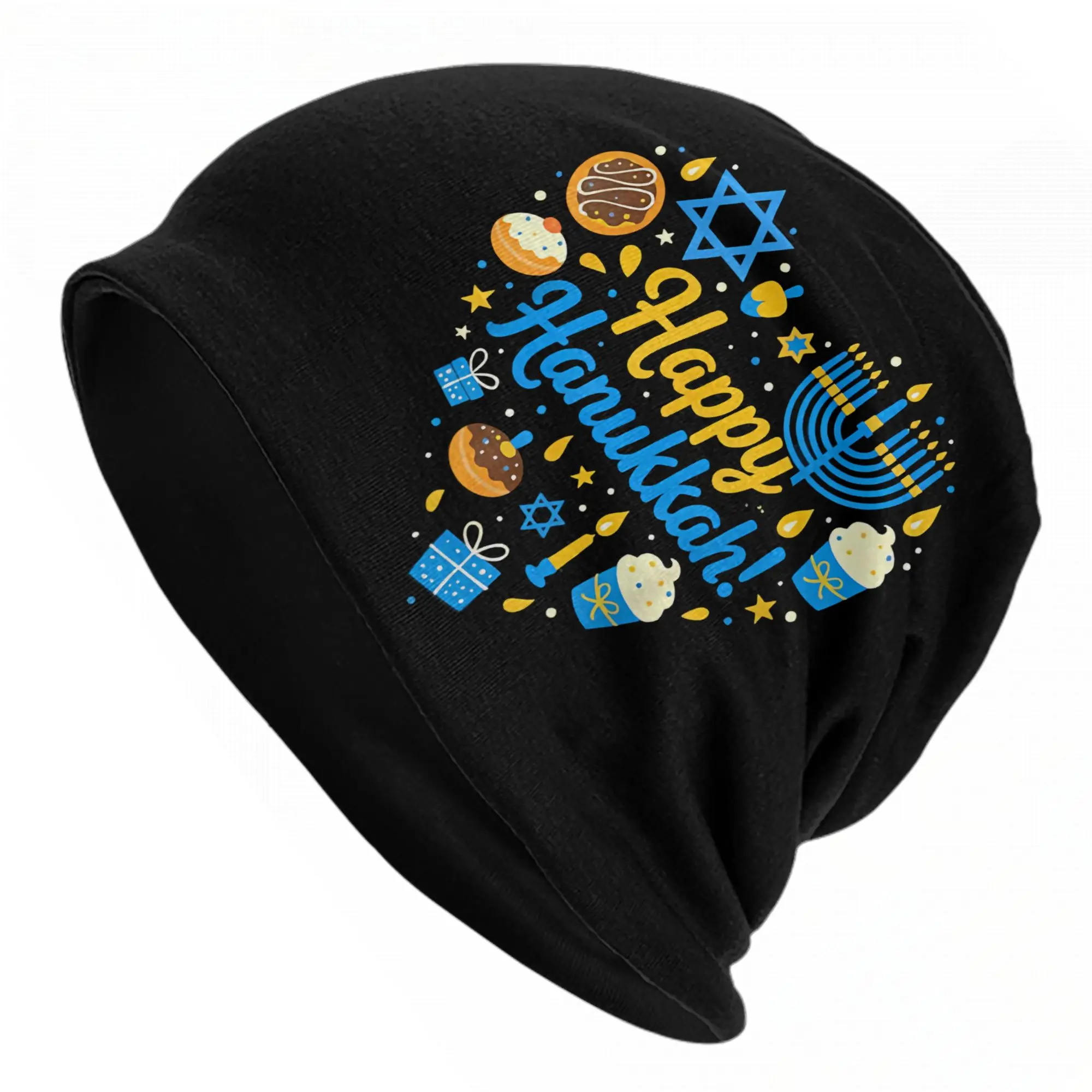 Happy Hanukkah Bonnet Hat Autumn Winter Street Skullies Beanies Hats Menorah Candle for Men Women Summer Dual-use Caps