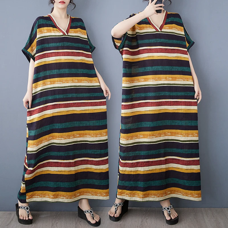 

Summer New Cotton Linen V-neck Loose plus Size Simple Holiday Style Long Dress Women Beach Skirt Thin Commute Style Batwing S...