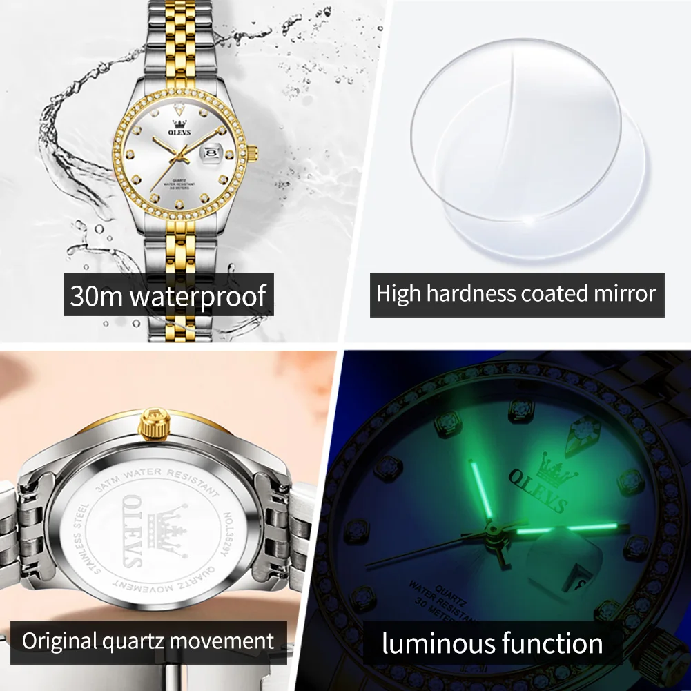 OLEVS, relojes de marca superior para mujer, reloj de cuarzo Original Simple y elegante para hombre, reloj de pulsera con fecha luminosa resistente al agua con esfera de diamante