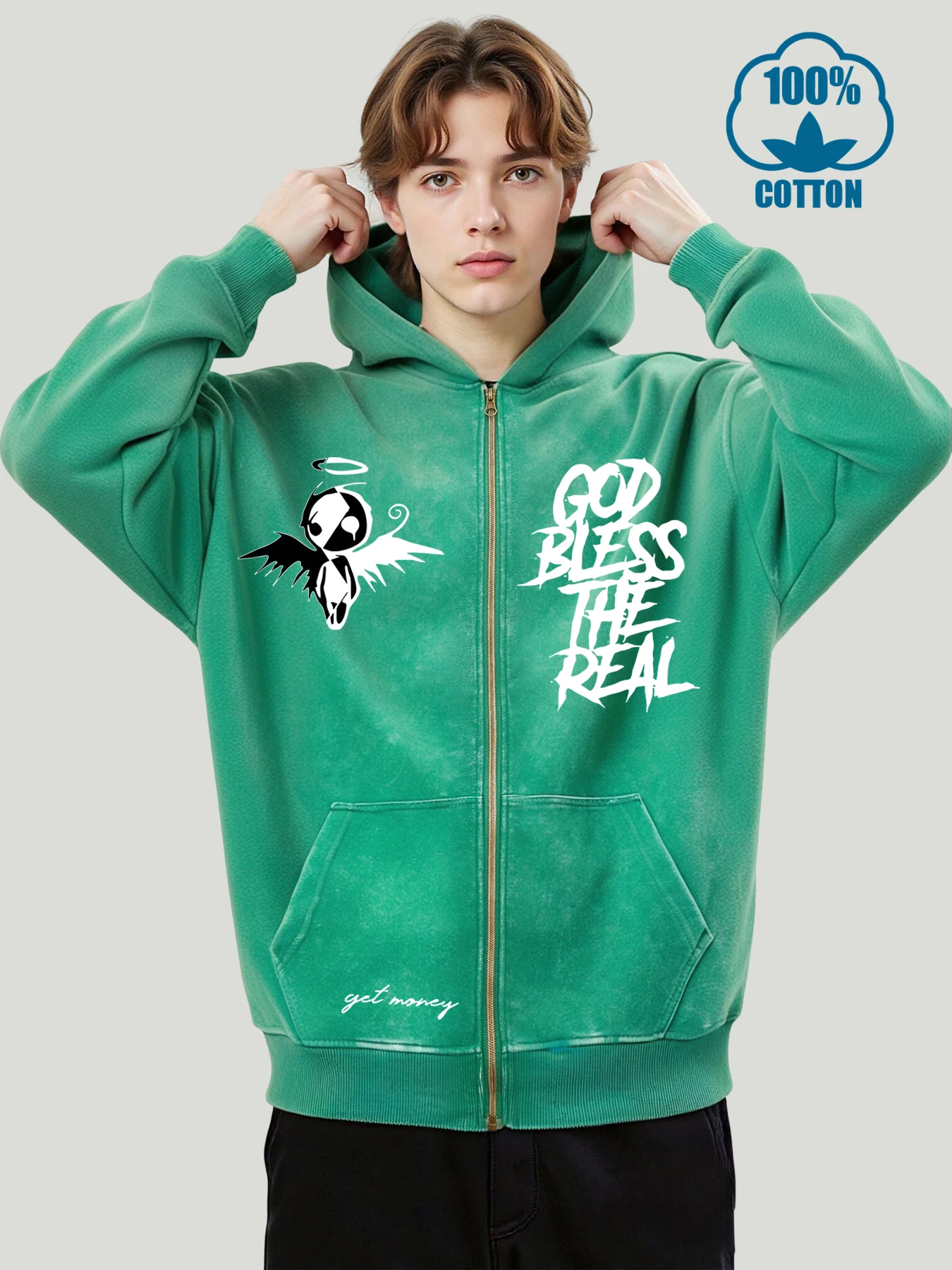 

God Bless The Real Design Washed Zipper Hoody Man Casual Loose Hoodies Street Cotton Hoodie Unisex Autumn Distressed Pullovers