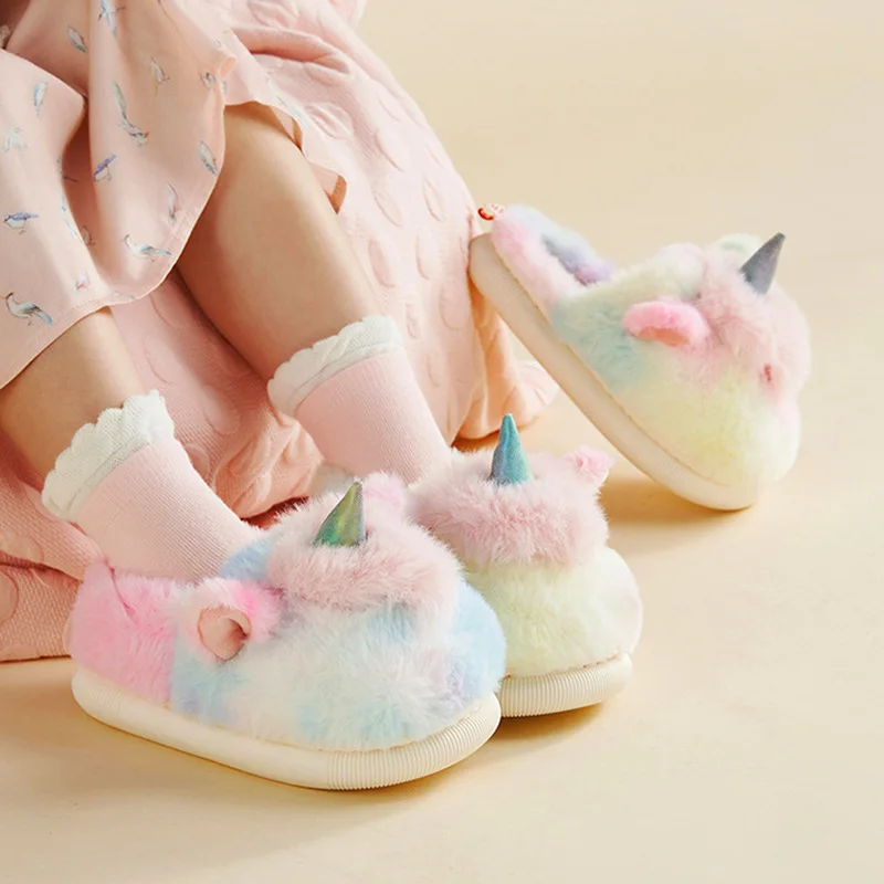 Winter Children's Unicorn Slippers Baby Kids Plush Cotton Shoes Girl Boy Slippers Rainbow Soft Warm Furry Toddler Home Slippers