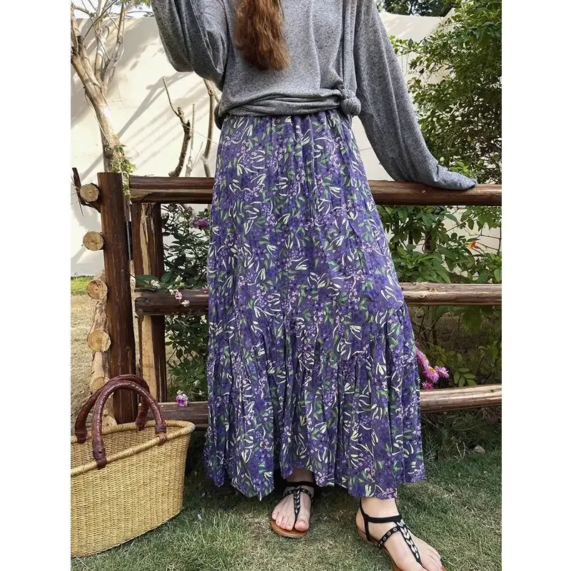 Femmes jupe violet en mousseline de soie florale jupes mi-longues 2025 été nouveau tempérament rétro maigre plissé mode coréenne vêtements