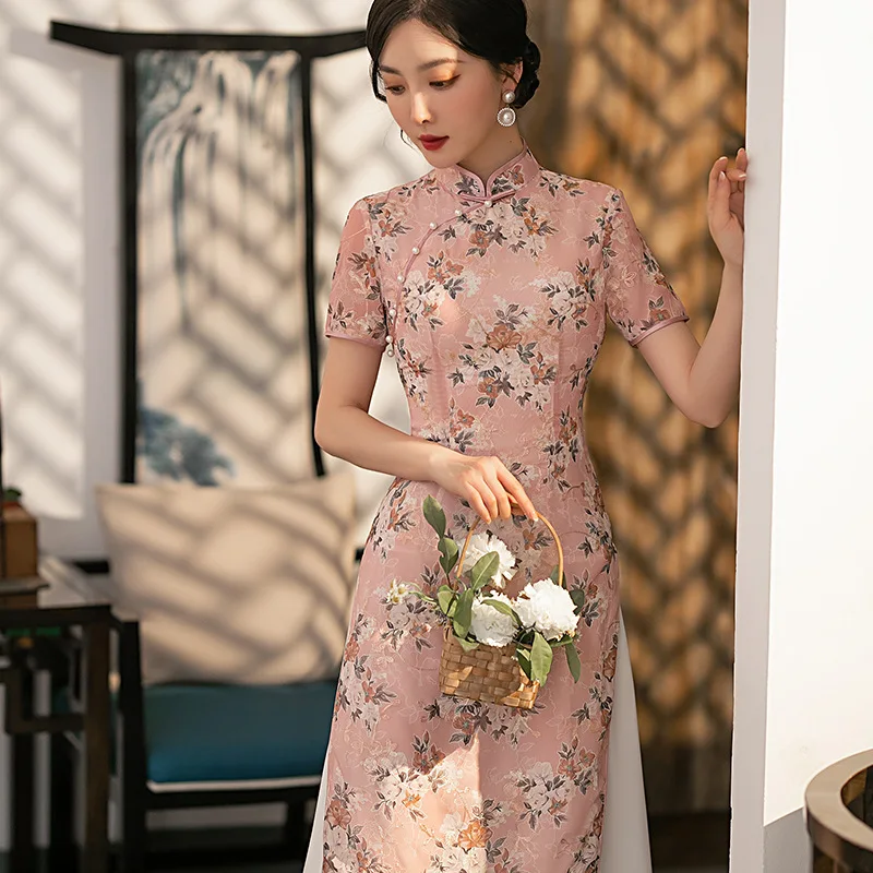 

Embroidered Flower Cheongsam Short Sleeve Long Improved Aodai Qipao For Women Mandarin Collar Chinese Style Dress Vestidos