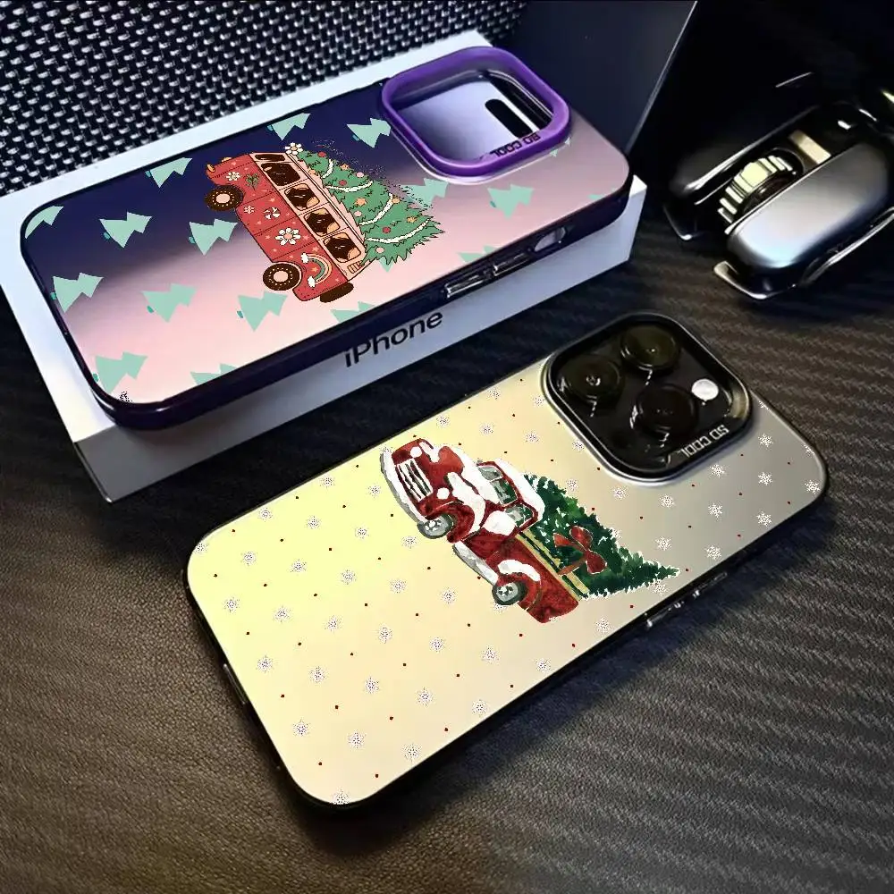 Caminhão dos desenhos animados caso de telefone natal para iphone 17 16 15 14 13 12 11 pro max ar multicolorido fosco laser metálico aurora funda