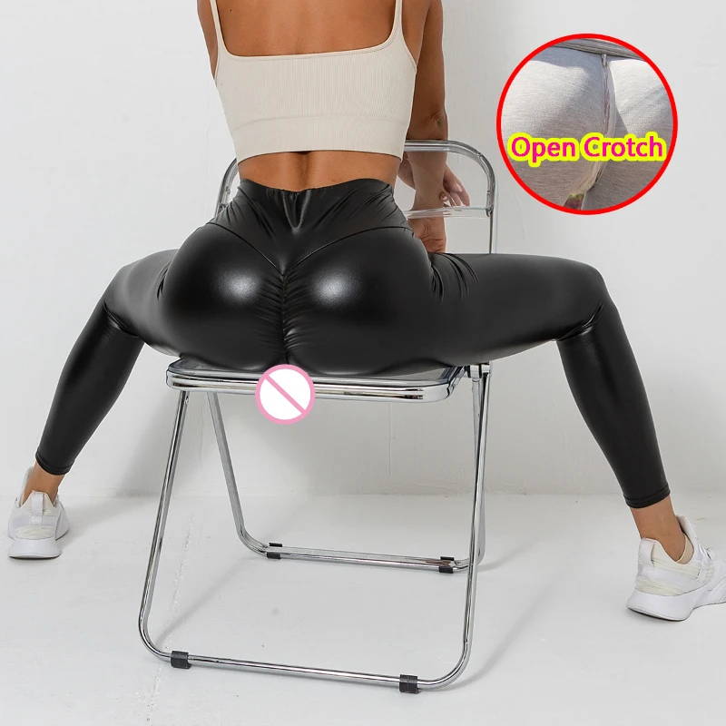 Woman Sexy Leather Open Crotch Leggings Flash PU Black Long Hot Pant Zipper Booty Lift Couple Sex Game Erotic Elastic High Rise