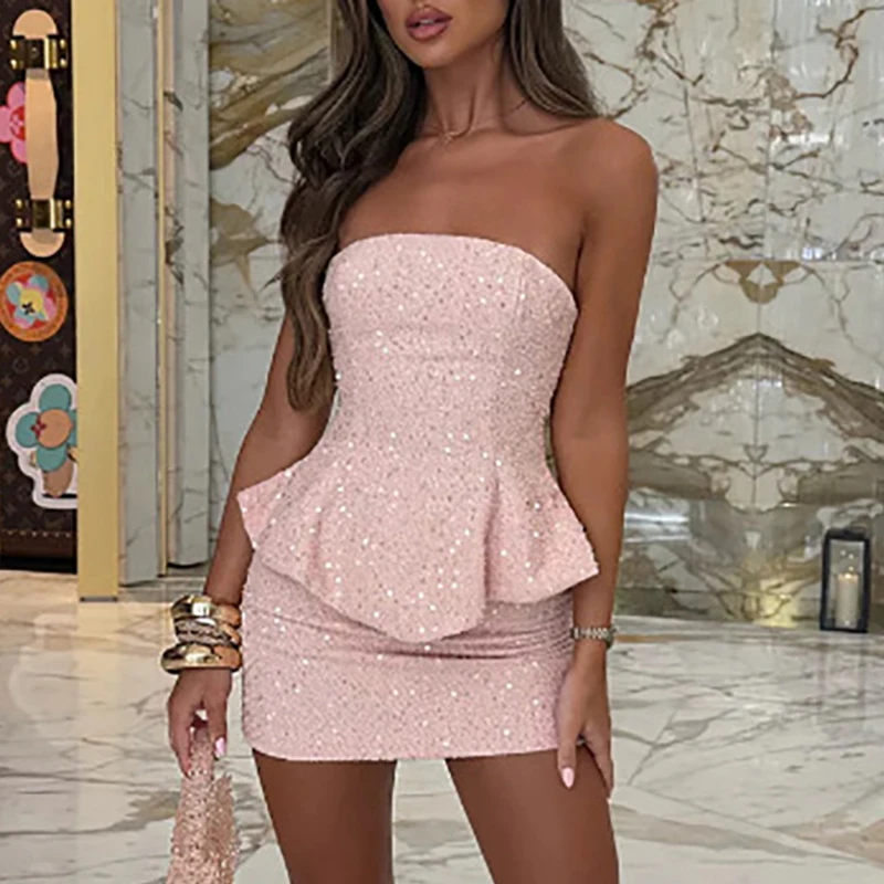 

Shpmishal Lady Temperament Slim Off Shoulder Set Shiny Sequins Sleeveless Suit Elegant Solid Color High Waist Mini Skirt Outfit