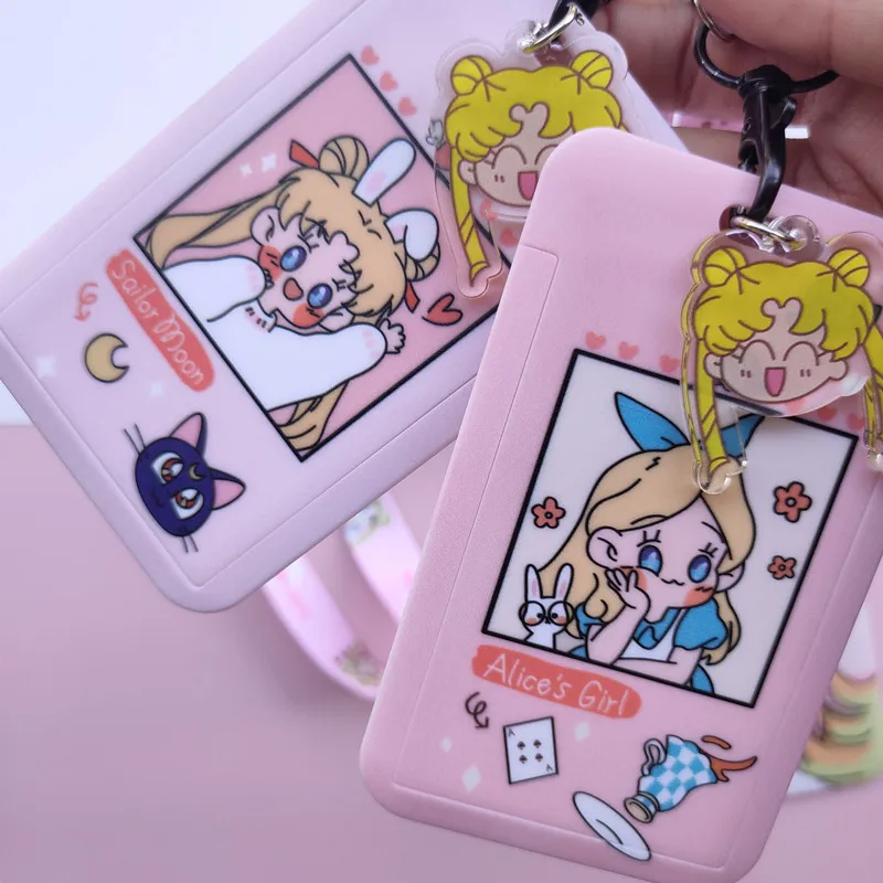 POP MART Sailor Moon Cartoon PVC Card Cover Student Campus Hanging Neck Bag Card Holder Lanyard ID Card Holders key chain Z3