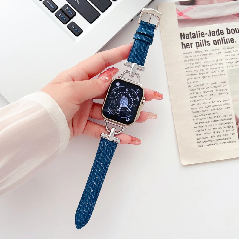 Correa For iWatch Series 9 7 6 SE 5 4 Nylon Denim Star Band for Apple Watch S8 Ultra 2 49mm 45mm 41mm D-shaped metal buckle Band