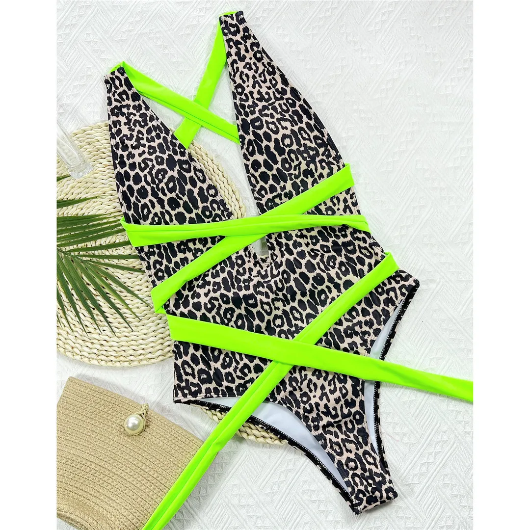 Tief ausgeschnittener, umlaufender, rückenfreier Monokini-Badeanzug mit Leopardenmuster, einteiliger Badeanzug für Damen, Damen-Badebekleidung, Bandage-Badeanzug, Badeanzug V3715 – Detail 9