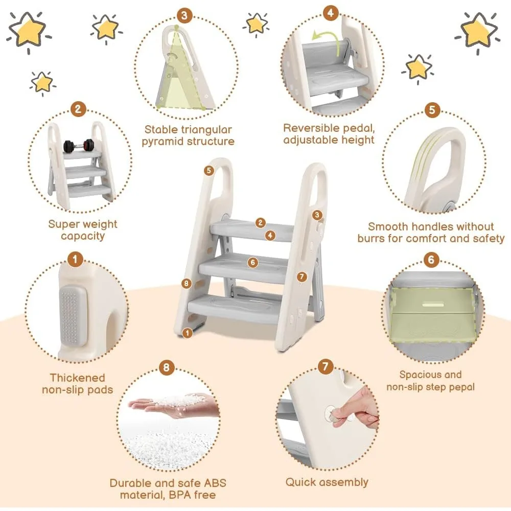 مقعد أطفال قابل للطي بثلاث خطوات قابل للتعديل مع مقابض، مساعد تدريب بالوعة الحمام والمرحاض، سلم بلاستيكي رمادي