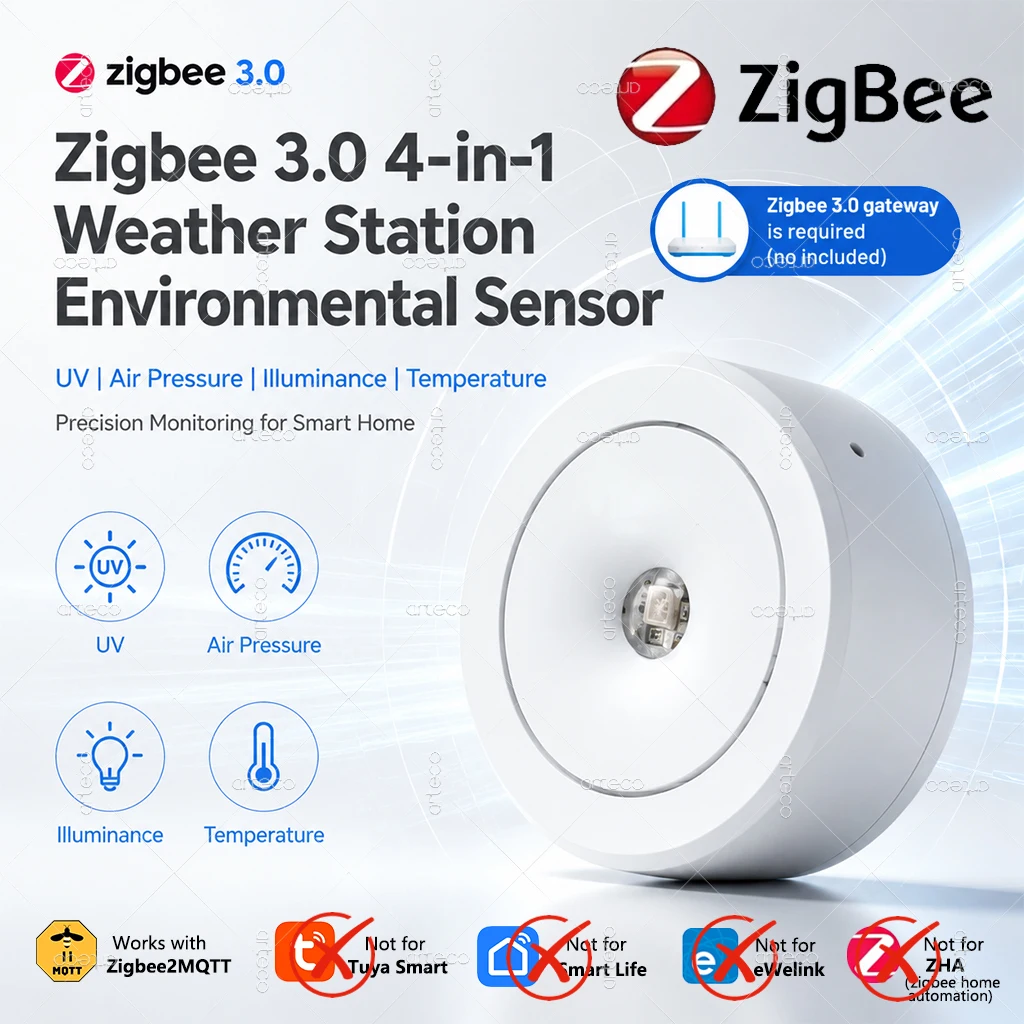 Zigbee Smart Sensor 4-in-1 UV-Index/Temperatur/Luftdruck/Beleuchtungsstärke-Detektor Drahtloser Wetterstationssensor Kompatibel mit Z2M
