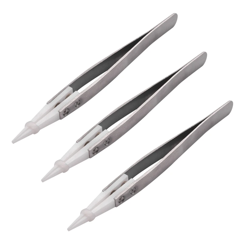 3X Ceramic Tweezers With Stainless Steel Handle Refractory Acid-Resistant Pointed Tweezers