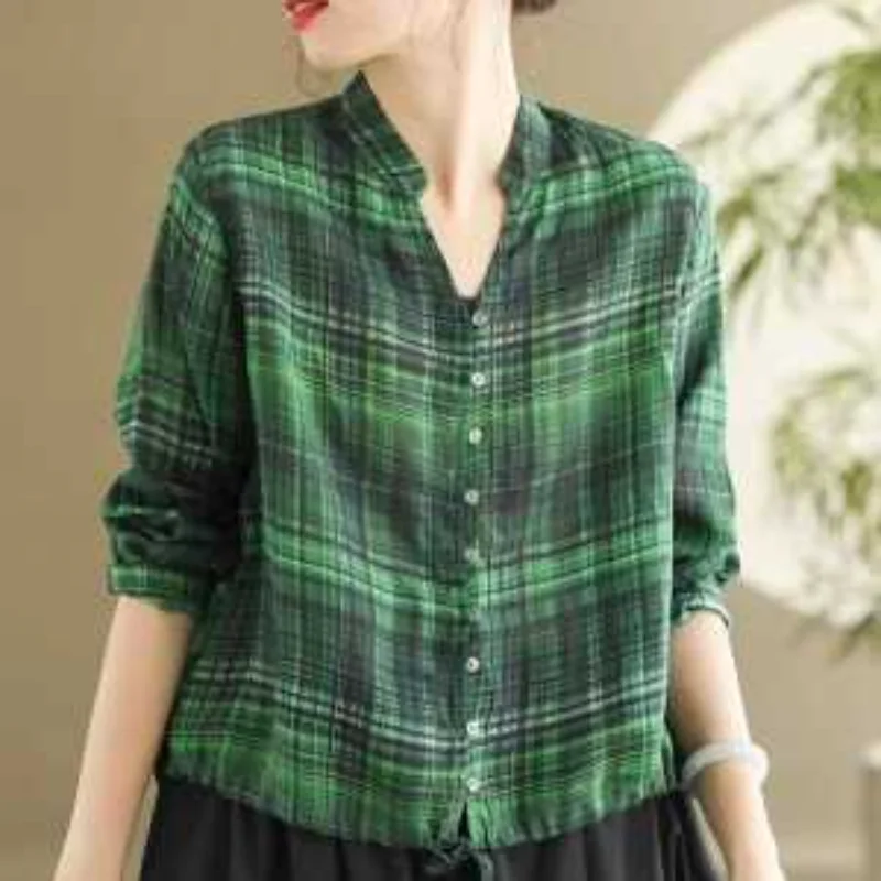 

New Artistic Retro Casual Cotton Linen Women's V-neck Drawstring Plaid Short Nine-quarter Sleeve Shirt Top