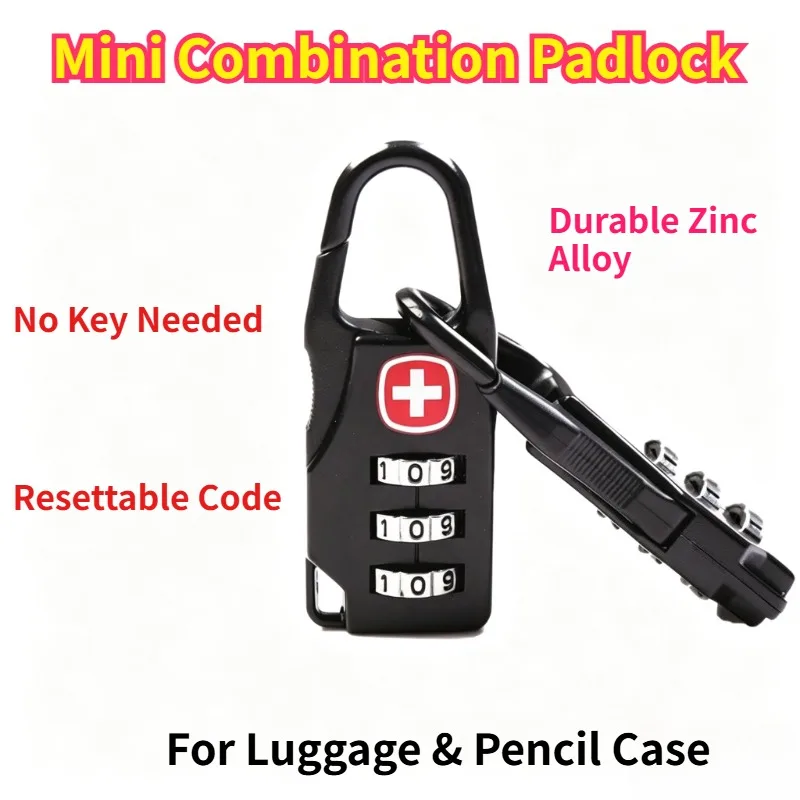 Mini Combination Padlock, Small Luggage Zipper Lock with Swiss Cross Logo, Pencil Case Accessory for Students