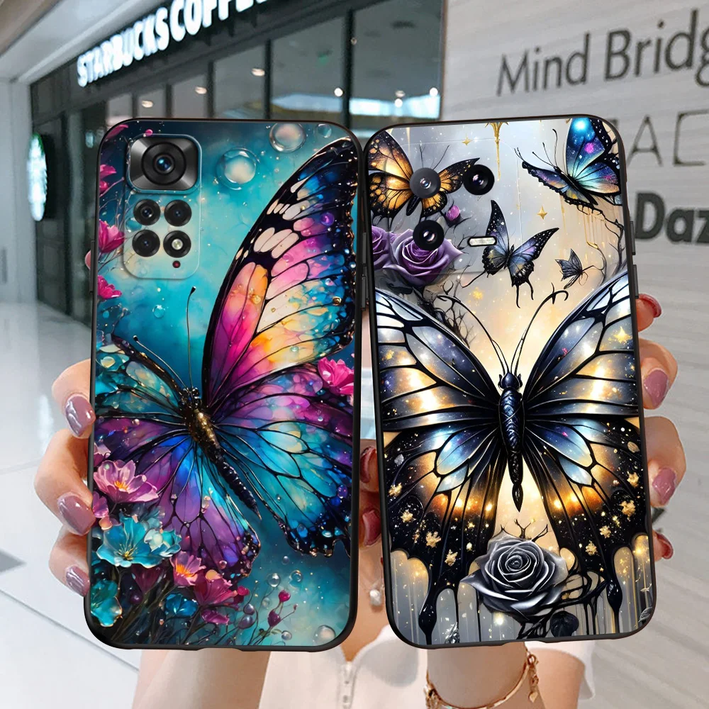 Черный чехол из ТПУ для Xiaomi 14 13 13T pro lite Redmi 13C 12R note POCO X6 PRO M6, чехол для телефона Butterfly Art