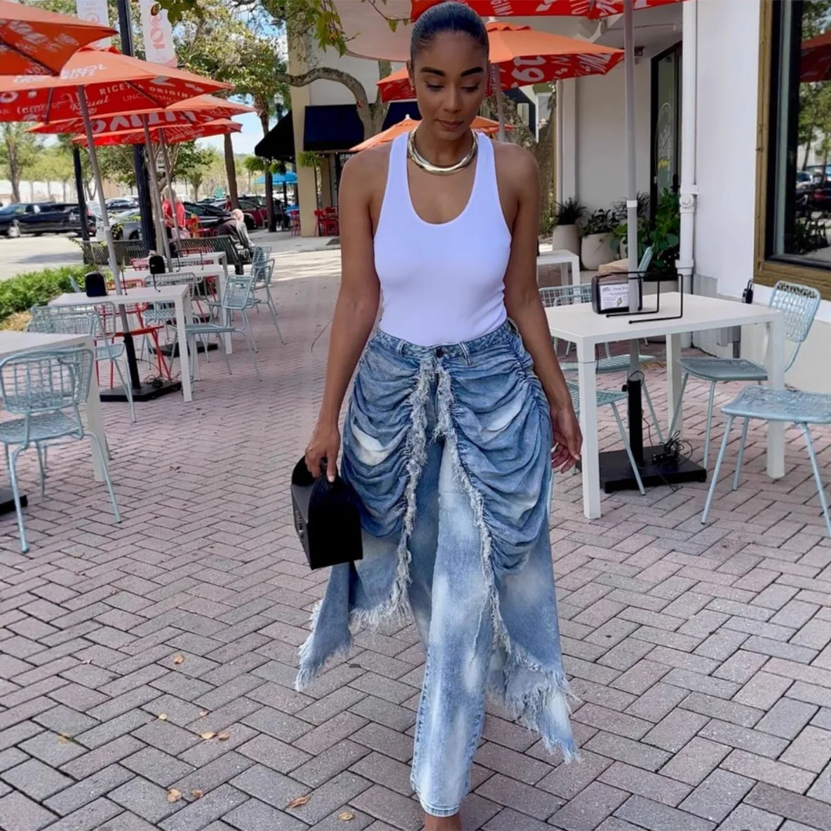 اليومية الأزرق جيب Ruched المتوترة تقليم عادية التباين الدينيم الجينز شارع العليا خمر عادية غير المتماثلة سراويل جينز للنساء #4