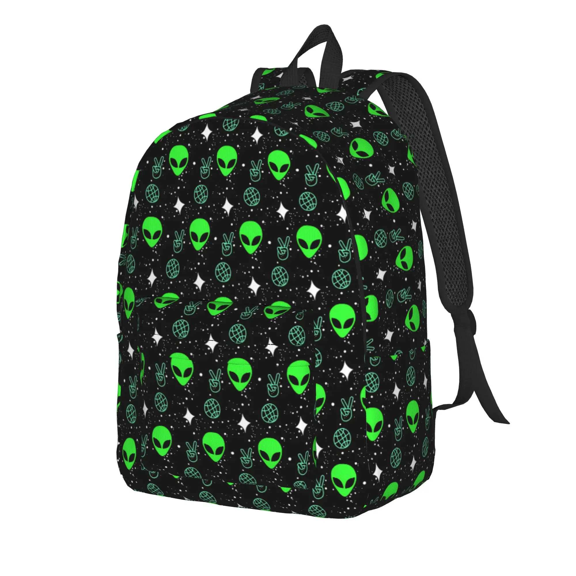 Neon Green Alien Peace Sign Globe Star Simple Space Doodle Black Background Backpack  Cool Backpacks Boy Girl Trekking Soft Bags