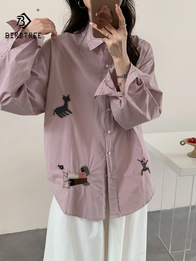 

New 2026 Spring Women Cotton Long Sleeve Shirt, Turn-down Collar Embroidery, Mori Girl Fashion OL Commute Loose Blouse T63751CC
