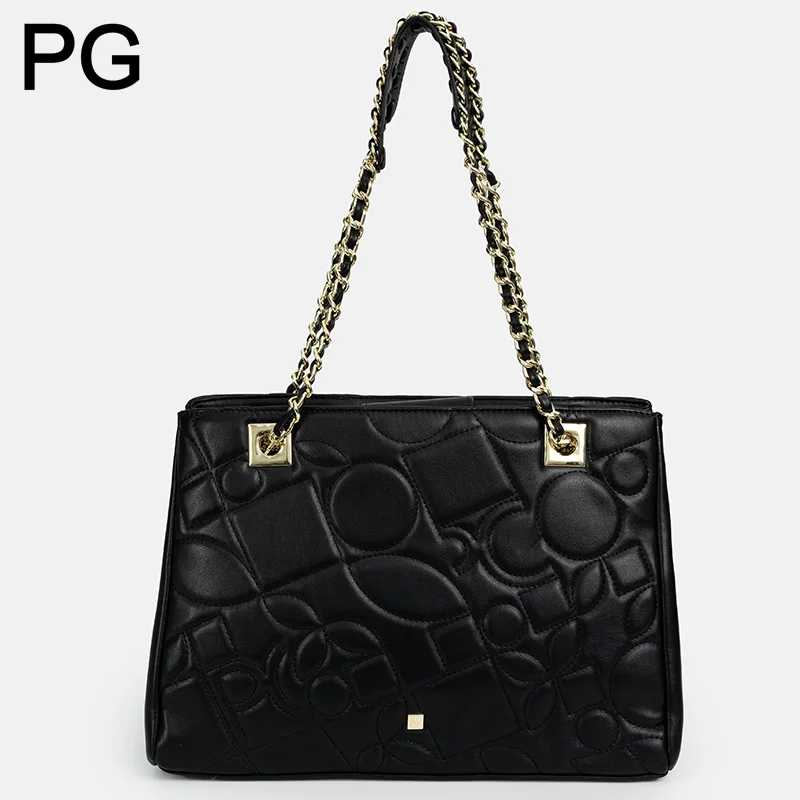 PG Luxury Geometric Embossed Tote Bag Women Leather Woven Chain Strap Shoulder Bag Solid Color Essential Daily Purses