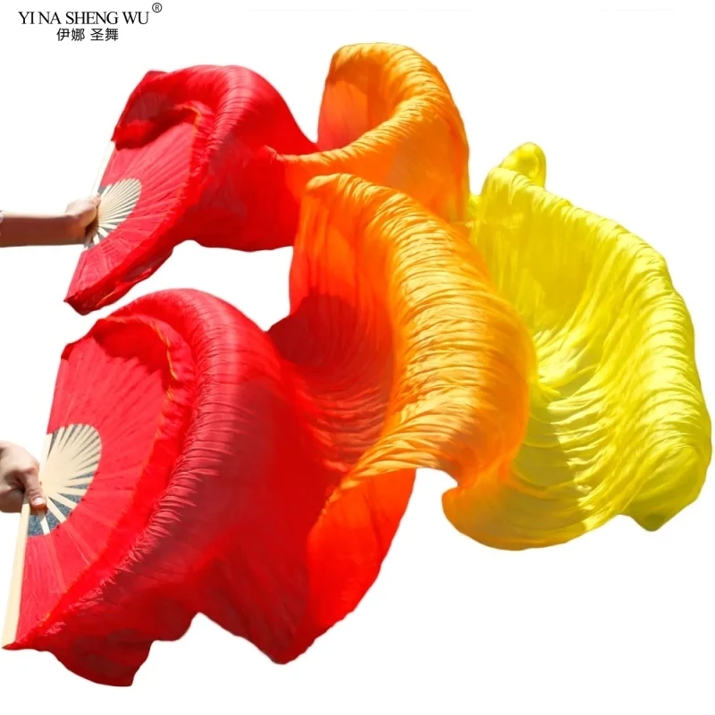 Belly Dance Fans Gradient Color Imitation Silk Fans Belly Dance Performance Props Long Fans Yellow+Orange+Red Customizable