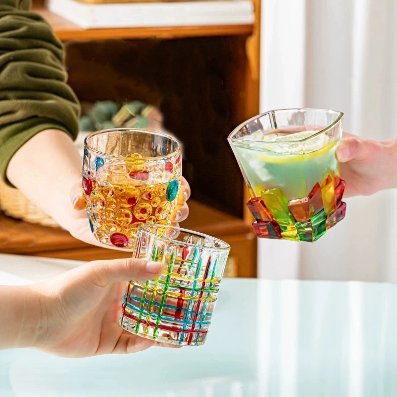 

European-Style Coulorful Lines Hand-Painted Lines Woven Crystal Stained Juice Cup Whiskey Glass Personalise Gift Barware