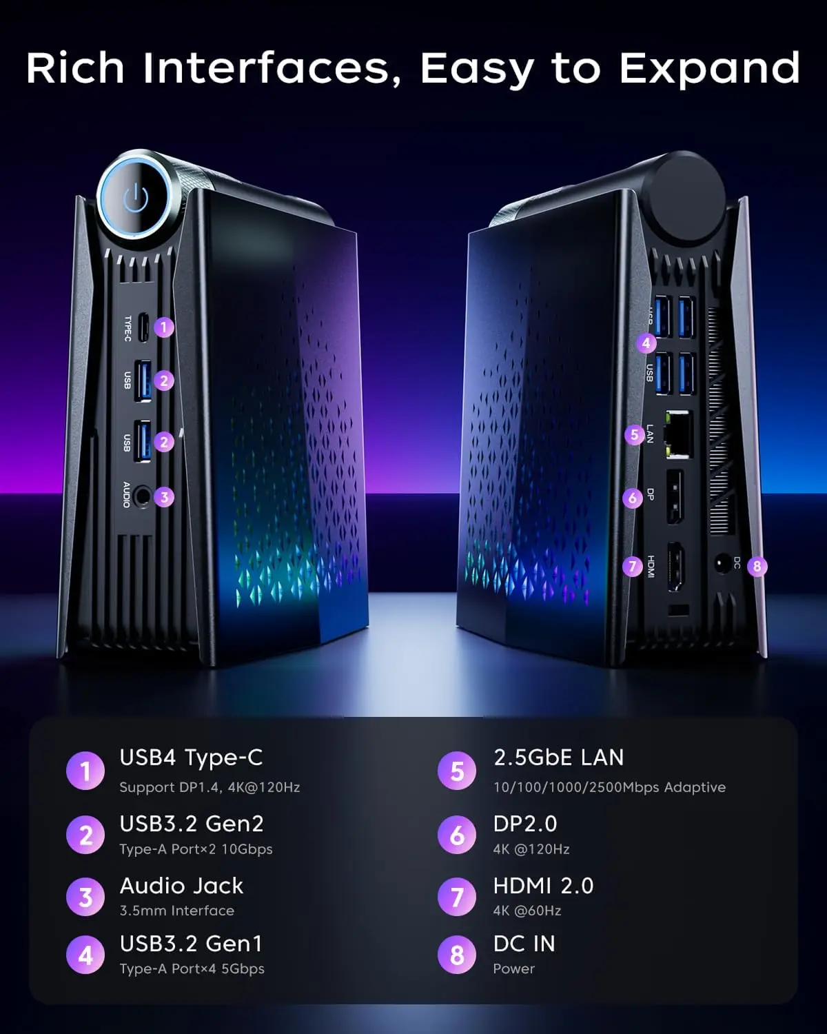 KAMRUI Mini Gaming PC AMD R9 6900HX/R7 6800H 16GB DDR5 512GB M.2 NVMe SSD Wifi6 BT5.2 4K/8K UHD Radeon Grafisch 780M RGB-verlichting