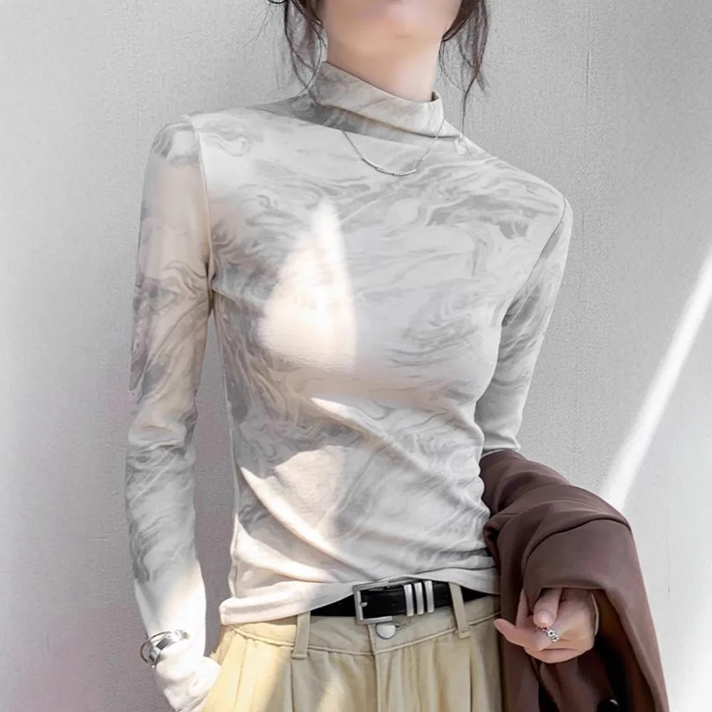Women's Comfort Fleece Printed Ink Dye Semi-high Collar Long Sleeve Warm Underwear Top For Autumn And Winter