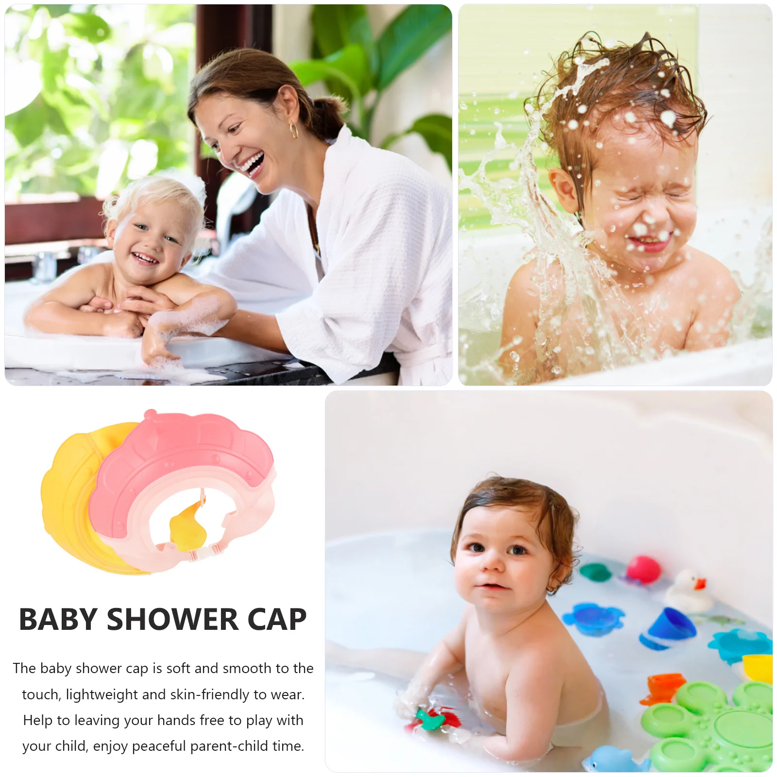 หมวกอาบน้ำเด็ก 2 ชิ้น ปรับได้ ซิลิโคน ป้องกันน้ำเข้าตาและหู สวมใส่ง่าย ป้องกันน้ำเข้าผมเด็ก