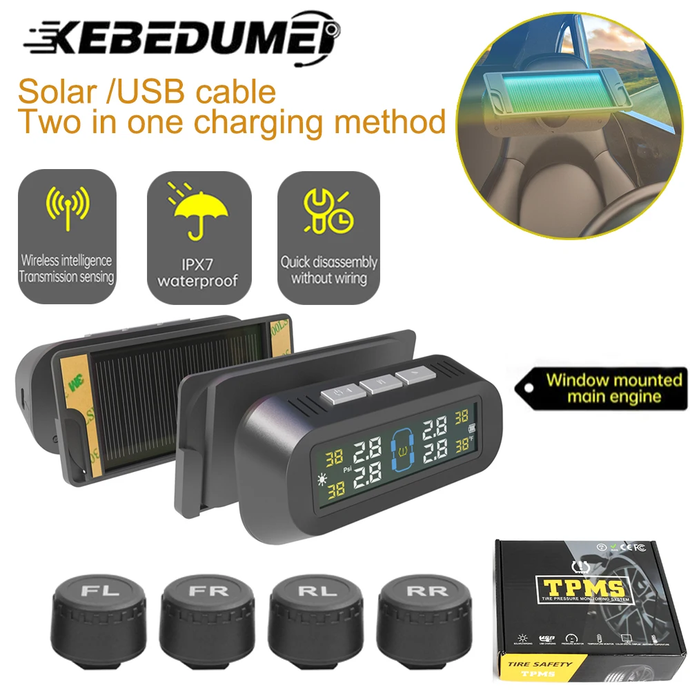 

Car Pressure Monitor Solar and USB Charge Tpms Tire Pressure Digital LCD Display Waterproof with 4 External Internal Sensors