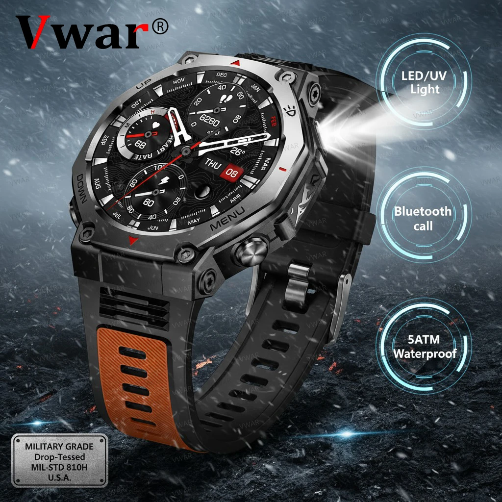 

VWAR New Smart Watch Men 50m Waterproof Outdoor LED/UV Flashlight Bluetooth Call Sport Fitness Smartwatch for Android IOS