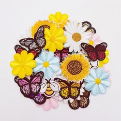 12pcs Cute Embroideried Iron On Patches Daisy Sunflower Bee Butterfly Animal Patch Applique Repair For Jeans Hats Bags Clothing