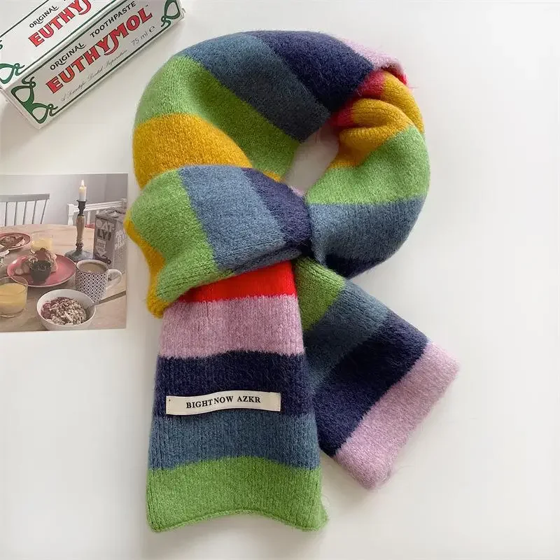 

Rainbow Stripes Mohair Scarf Men And Women In Winter Colour Blocking Stripes Wool Short Scarf Students Warm Short Scarf