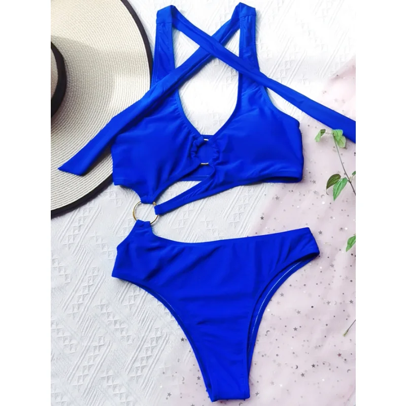 New Sexy Solid One Piece Bikini Ring Swimsuit Women Push Up Swimwear Female Brazilian Bathing Suit Halter Bathing Suit Beachwear