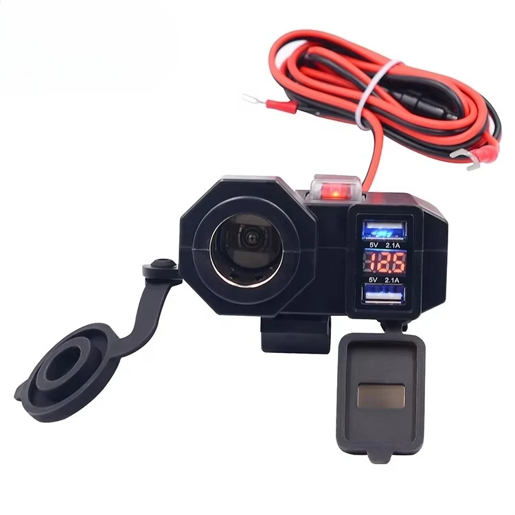 Dual USB port 12V waterproof motorcycle fast charger LED digital display OCP cigarette lighter socket for mobile phones