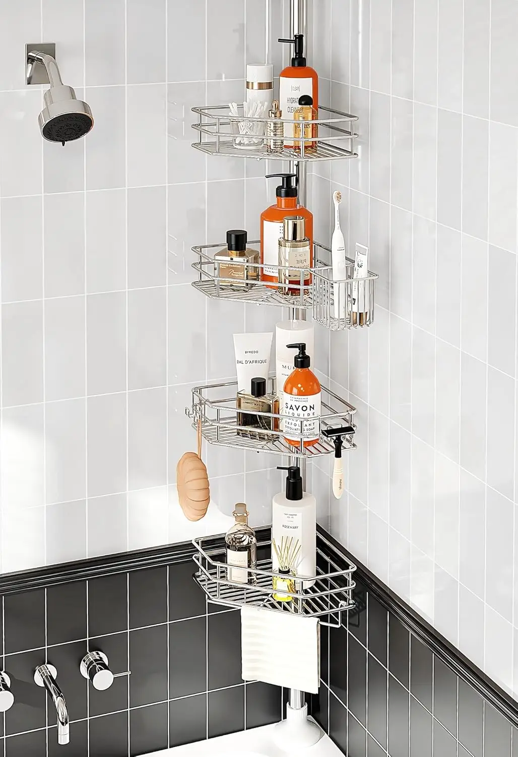 Adjustable 4-Shelf Corner Shower Caddy with Tension Pole, No-Drill for Inside Shower, 39.2-113 Inch Height, Silver