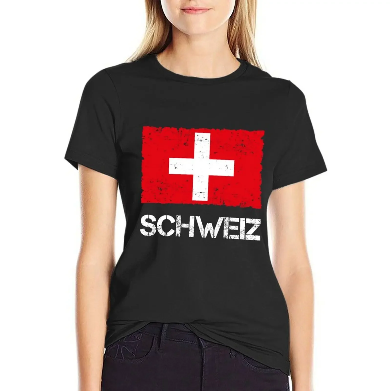 

Switzerland Flag Used Look Vintage T-Shirt korean fashion vintage clothes customs plus sizes t-shirt dress for Women long