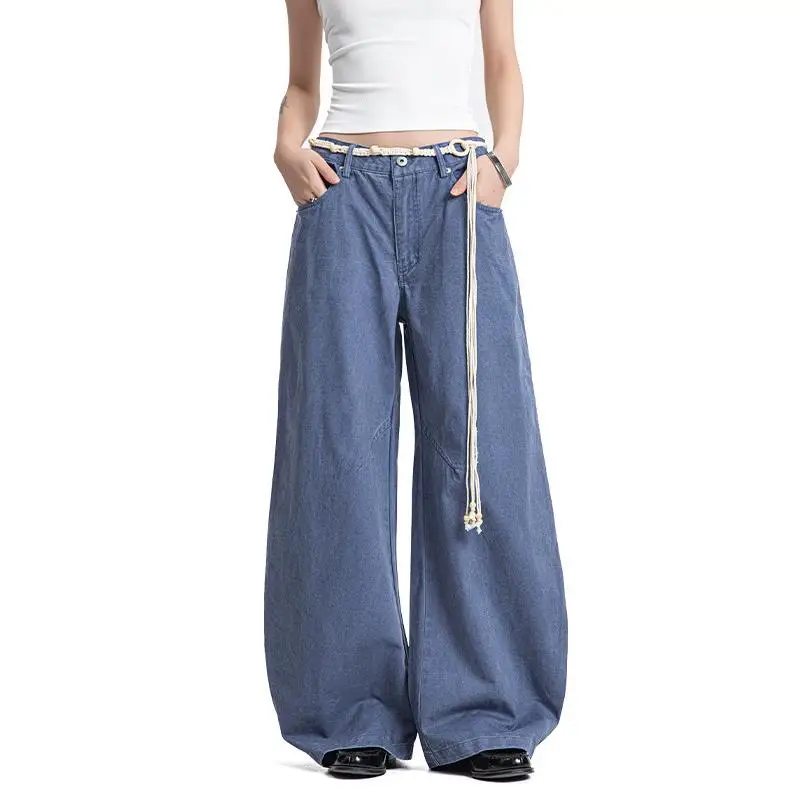 Vintage Washed Blue Jeans Casual Loose Fit Workwear Style High Waist Cotton Denim Casual Pants Asymmetrical Design