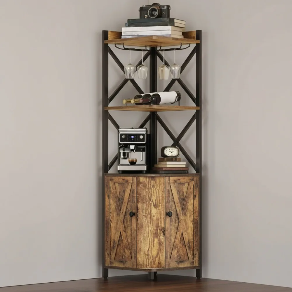 

6-уровневый кухонный шкаф для хранения с розеткой, подставкой для микроволновой печи, винной полкой и крючками для инструментов для компактных столовых